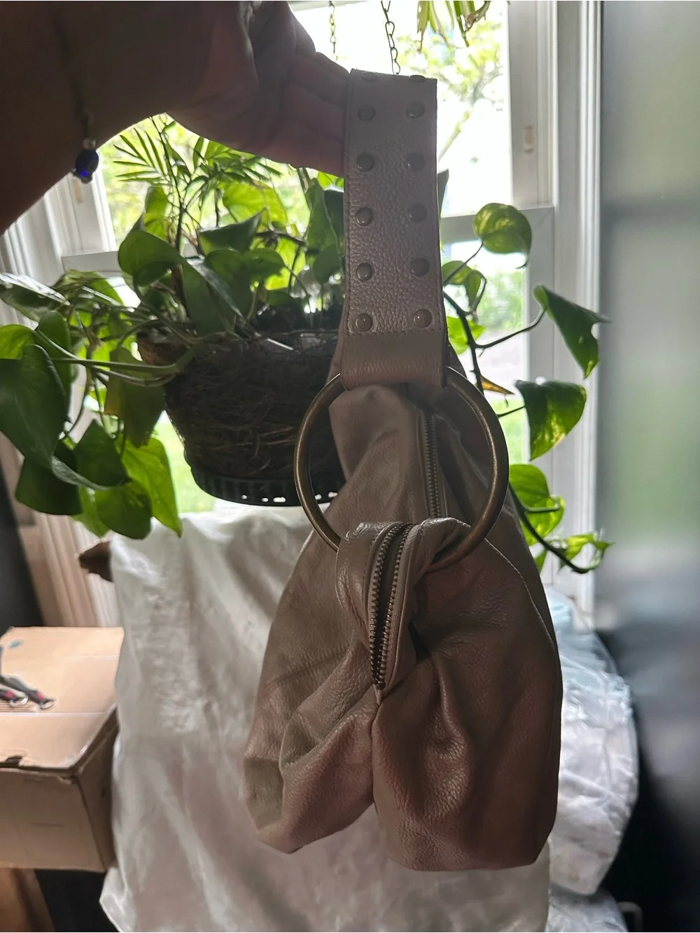Express Nude Leather Pebbled Hobo Bag with Studded Strap